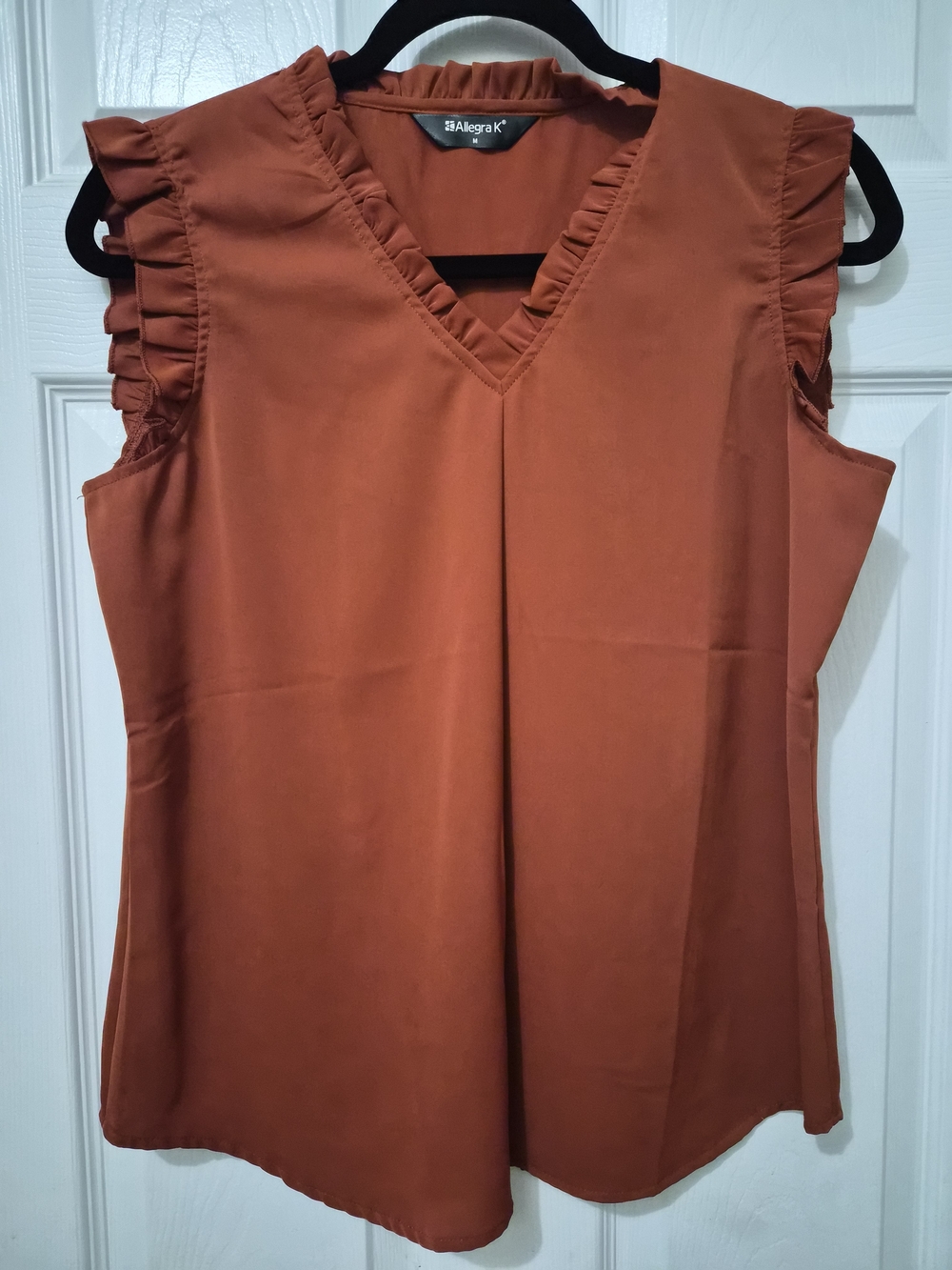 Allegra K Rust Ruffle-Trim V-Neck Sleeveless Top